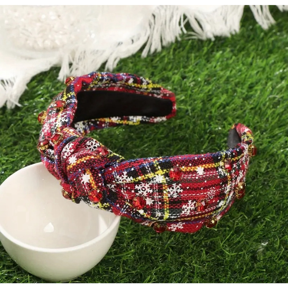 Plaid Top Knot Headband with Red Rhinestones and Snowflake Design